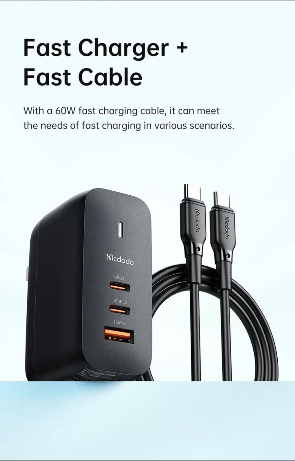 MCDODO CH-8442 Gan 65W 3-Port Mini Fast Charger with 60W Type-C to Type-C Cable