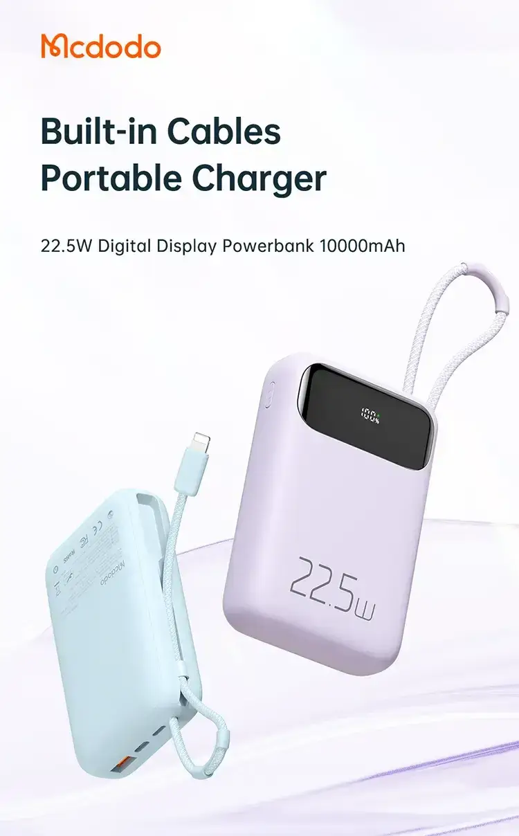 MCDODO MC-325 10000mAh PD 22.5W Power Bank Built-in Lightning Cable