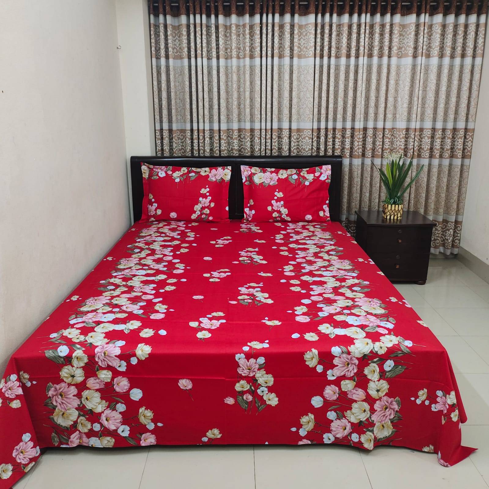 100% Cotton King Size Bedsheet New Collection[Red Flower]  (৩ পিসের সেট)