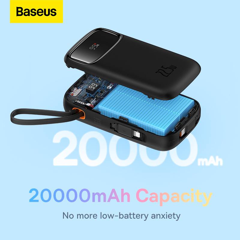 Baseus Qpow 2 Power Bank: 22.5W 20000mAh with Built-In Lightning & Type-C Cables and Digital Display