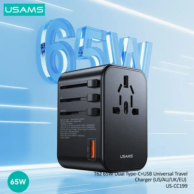 USAMS US-CC199 65W GaN Fast Charging Dual Type-C+USB-A Universal Travel Adapter