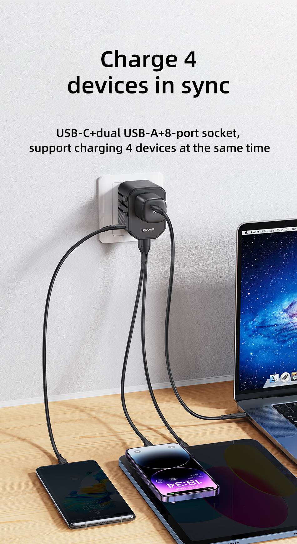 USAMS T59 Universal Travel Adapter Travel Charger Socket Converter 20W Dual USB Type-C Wall Charger For US EU UK AU