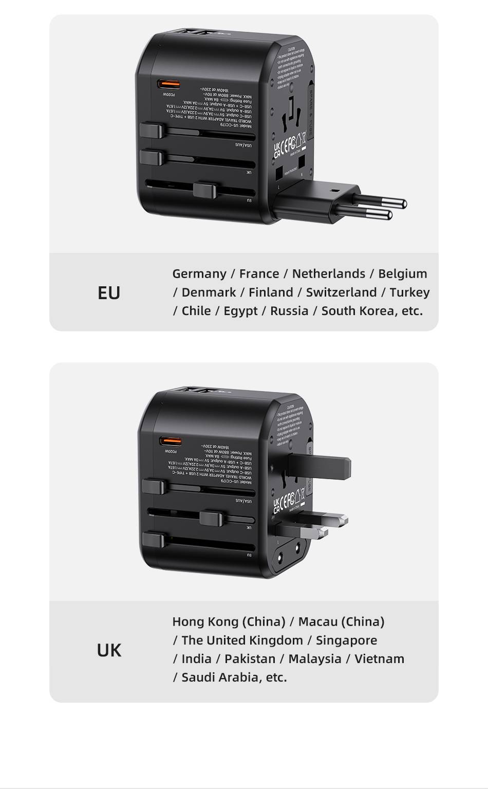 USAMS T59 Universal Travel Adapter Travel Charger Socket Converter 20W Dual USB Type-C Wall Charger For US EU UK AU