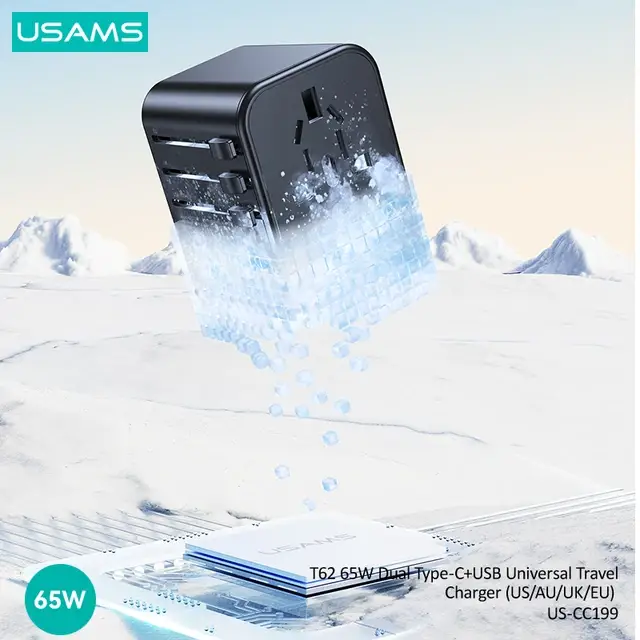 USAMS US-CC199 65W GaN Fast Charging Dual Type-C+USB-A Universal Travel Adapter