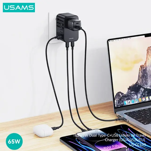 USAMS US-CC199 65W GaN Fast Charging Dual Type-C+USB-A Universal Travel Adapter