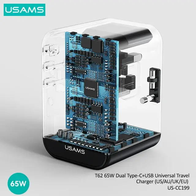 USAMS US-CC199 65W GaN Fast Charging Dual Type-C+USB-A Universal Travel Adapter