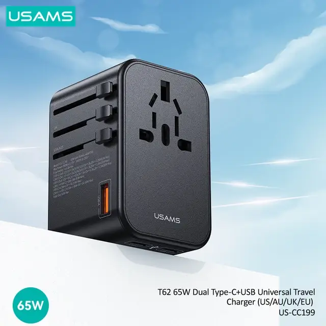 USAMS US-CC199 65W GaN Fast Charging Dual Type-C+USB-A Universal Travel Adapter