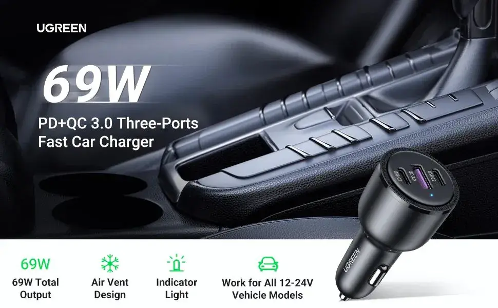 UGREEN 69W Car Charger QC3.0 Quick Charger Type-C Car Cigarette Lighter Adapter