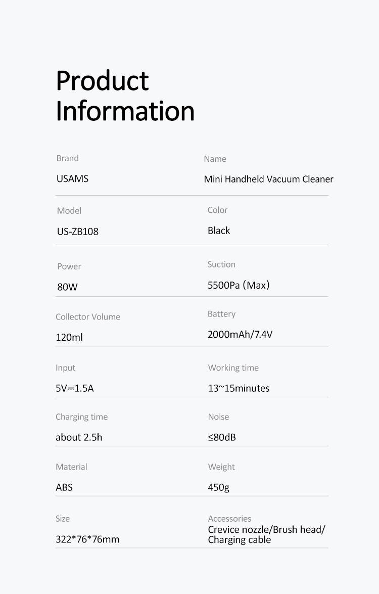 Usams US-ZB108 Mini Handheld Vacuum Cleaner 5500Pa