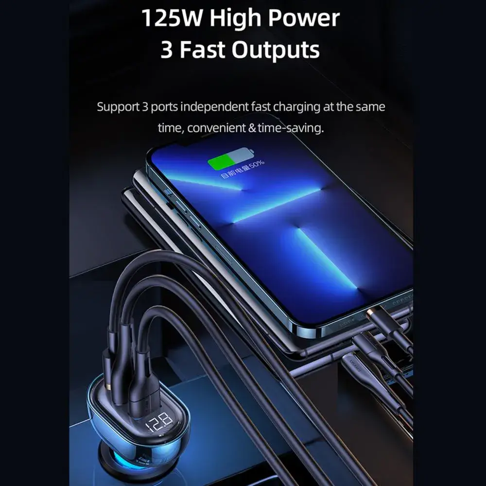 USAMS 125W 3 Ports Transparent Digital Display Fast Charging Car Charger