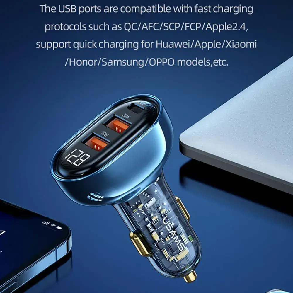 USAMS 125W 3 Ports Transparent Digital Display Fast Charging Car Charger