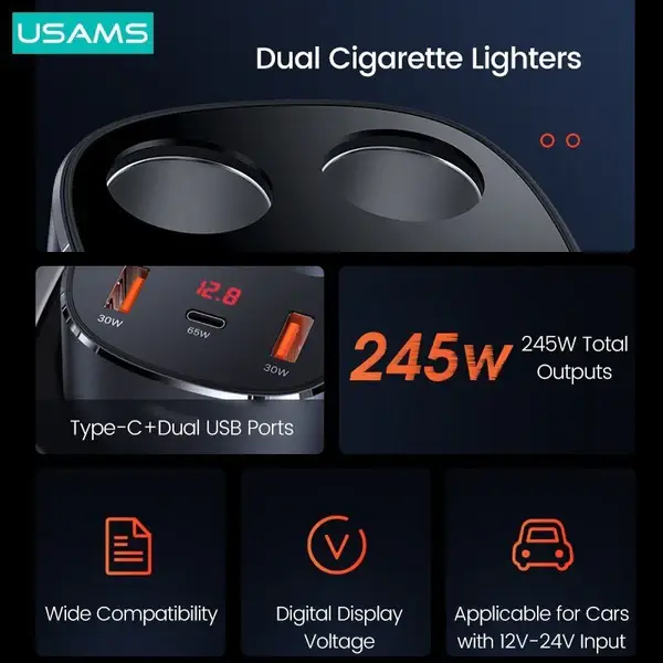 USAMS 245W 3 Ports + Dual Cigarette Lighters Digital Display Fast Car Charger