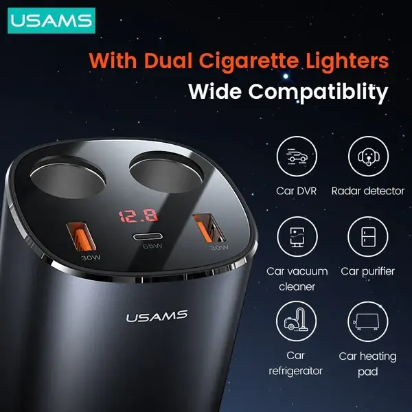 USAMS 245W 3 Ports + Dual Cigarette Lighters Digital Display Fast Car Charger