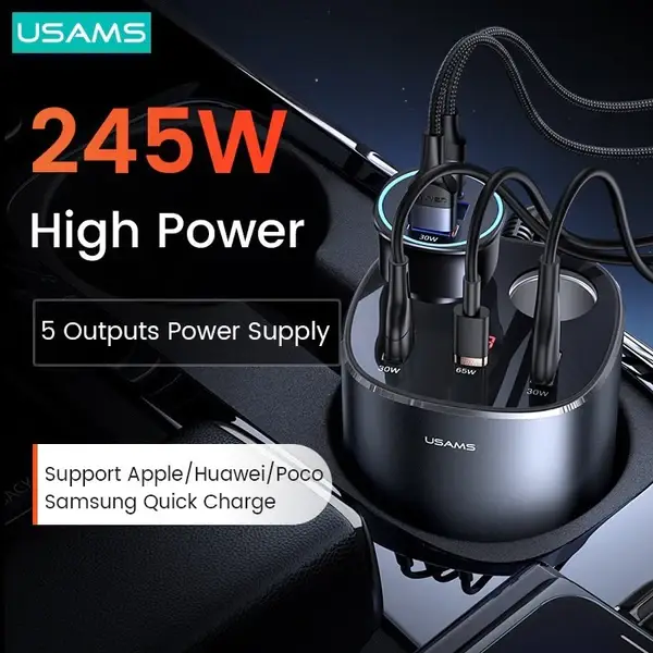 USAMS 245W 3 Ports + Dual Cigarette Lighters Digital Display Fast Car Charger