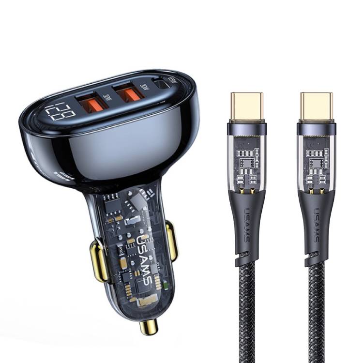 USAMS Ice Series 80W 3-Port Transparent Car Charger with Type-C to Type-C PD 100W Transparent Data Cable