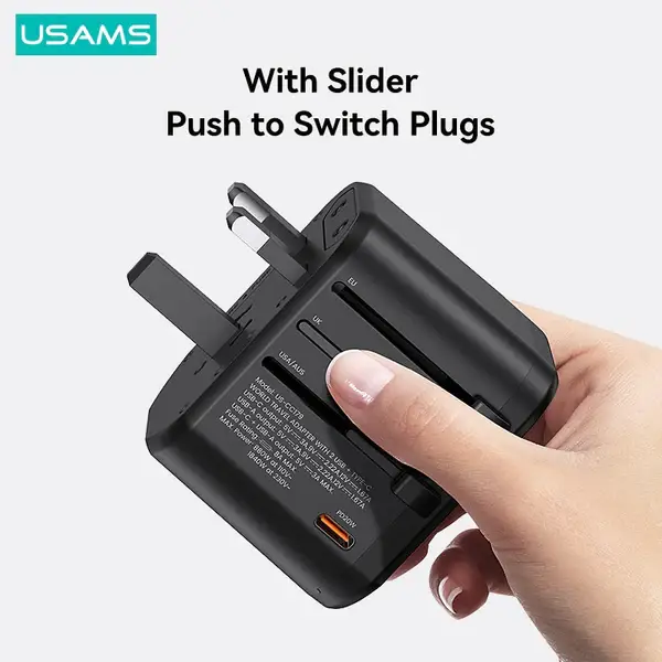 USAMS T59 Universal Travel Adapter Travel Charger Socket Converter 20W Dual USB Type-C Wall Charger For US EU UK AU