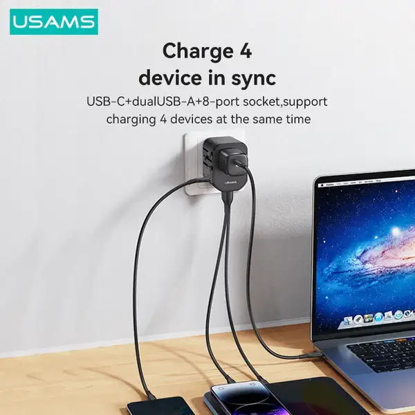 USAMS T59 Universal Travel Adapter Travel Charger Socket Converter 20W Dual USB Type-C Wall Charger For US EU UK AU