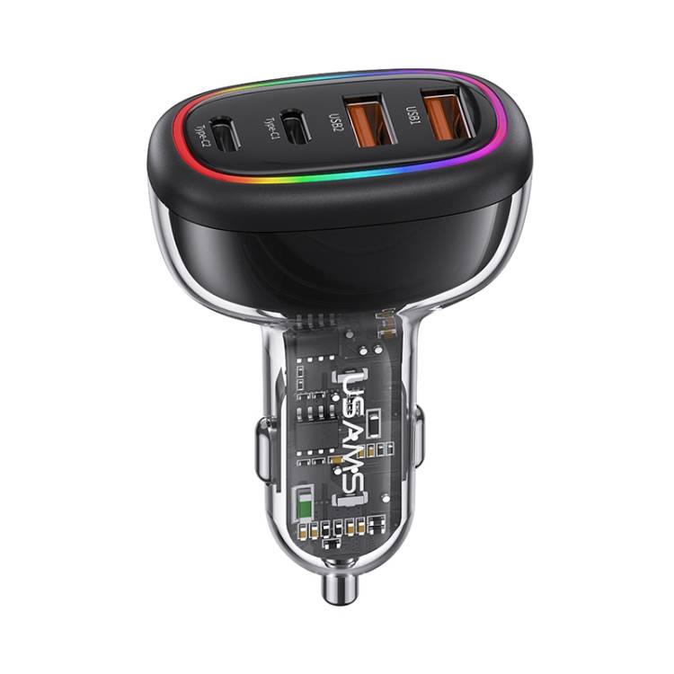 USAMS US-CC169 C34 PD30W+QC3.0 120W 4-port Transparent Car Fast Charger with Colorful Lights