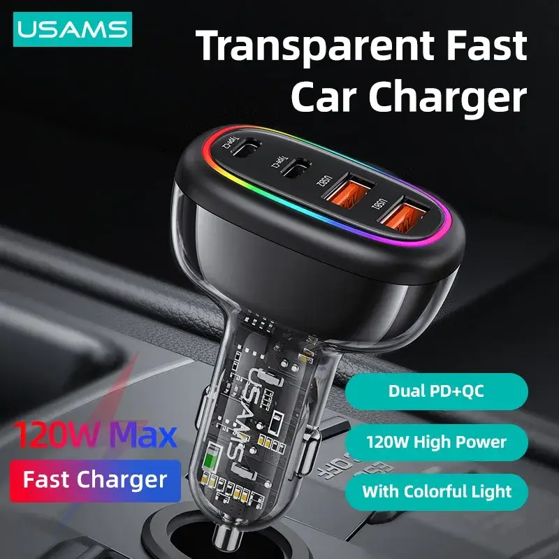 USAMS US-CC169 C34 PD30W+QC3.0 120W 4-port Transparent Car Fast Charger with Colorful Lights