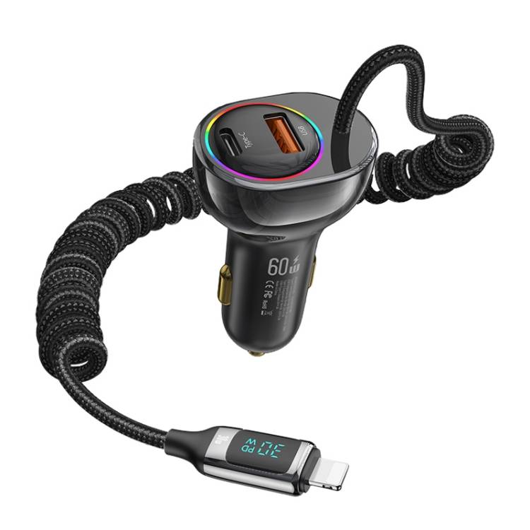 USAMS US-CC193 60W A+C Dual Port Car Charger with Digital Display 30W Lightning Spring Data Cable