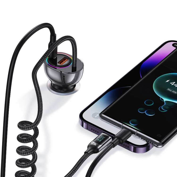 USAMS US-CC193 60W A+C Dual Port Car Charger with Digital Display 30W Lightning Spring Data Cable