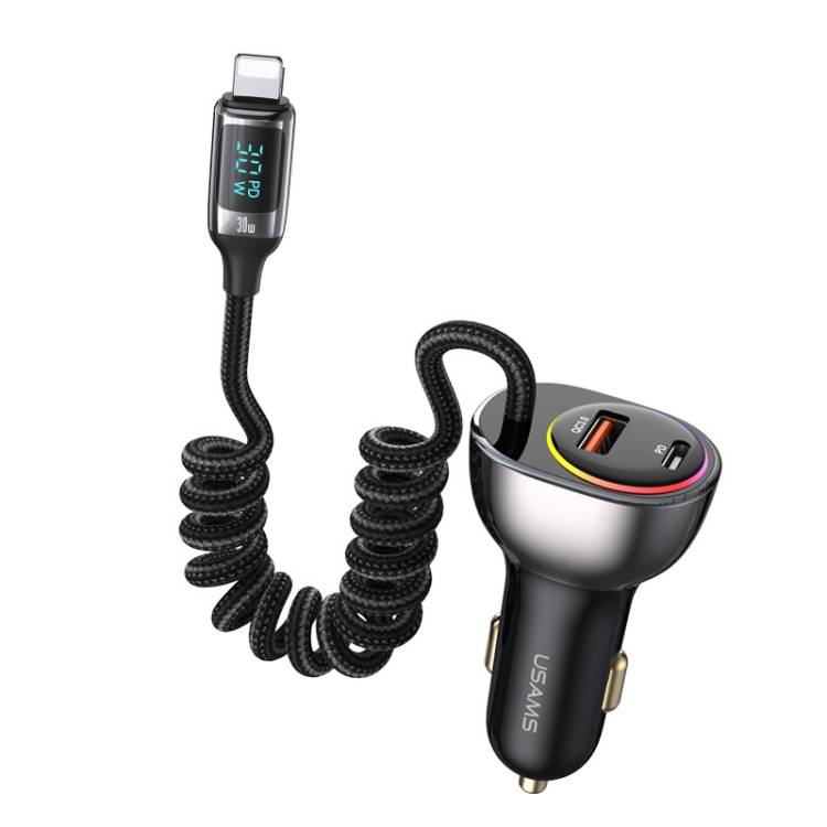 USAMS US-CC193 60W A+C Dual Port Car Charger with Digital Display 30W Lightning Spring Data Cable