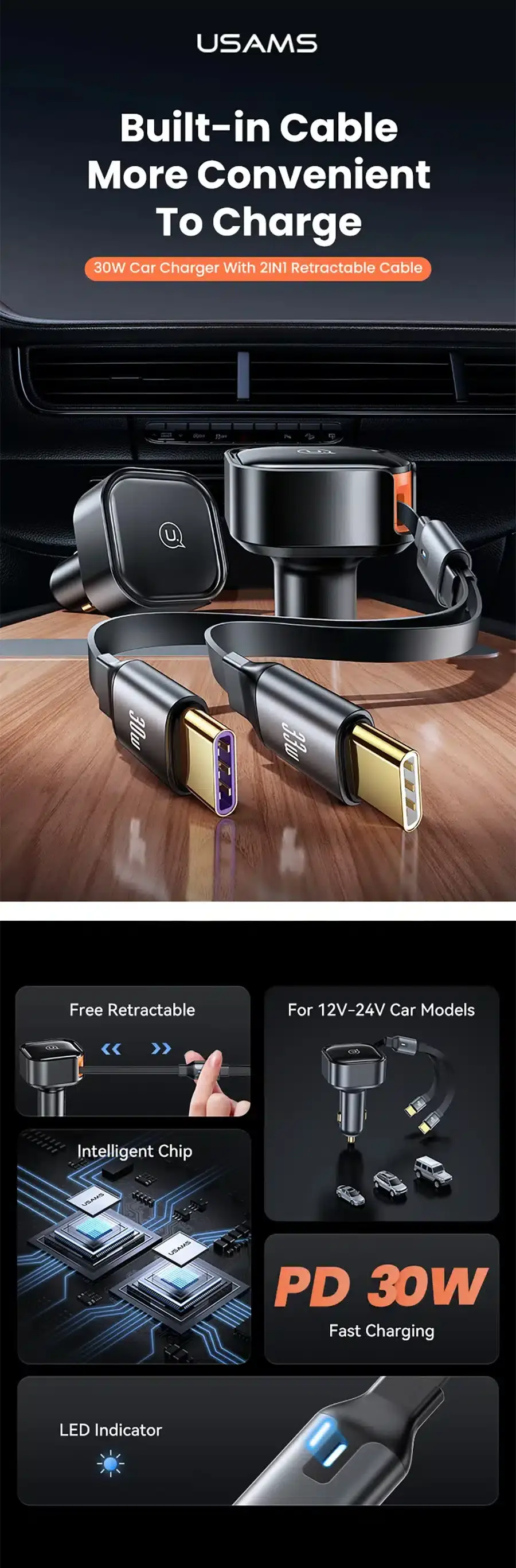 USAMS US-CC219 30W Fast Car Charger with 2-in-1 Built-in Stretchable Fast Charging Cable