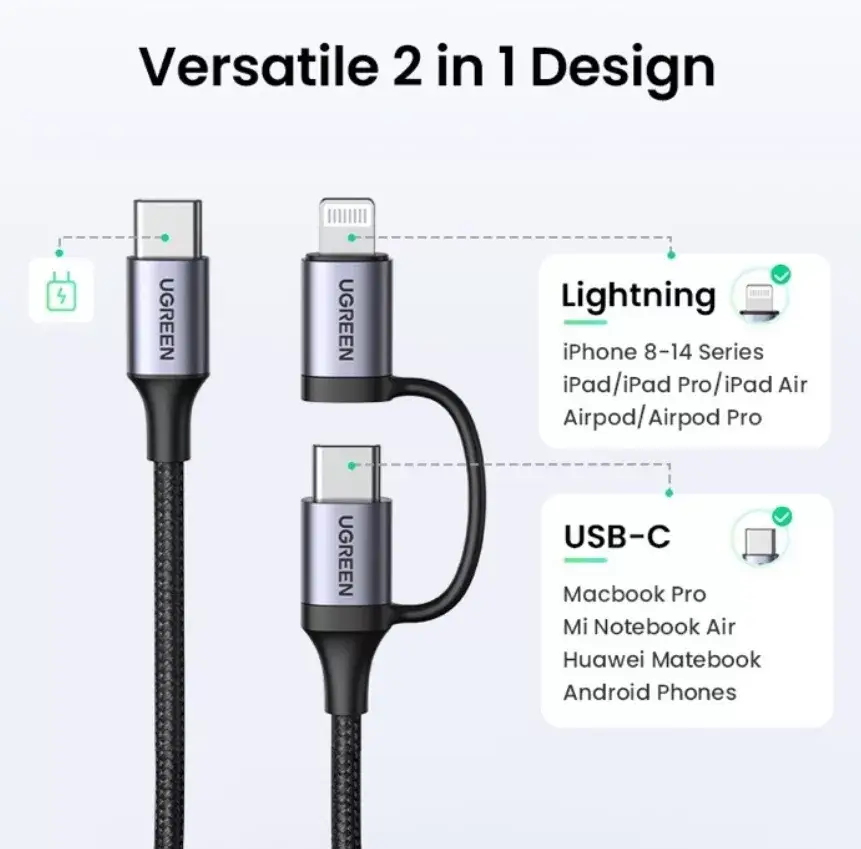 Ugreen 2 in 1 Type-C To Lightning 100W 20W Cable for iPhone Laptop Macbook