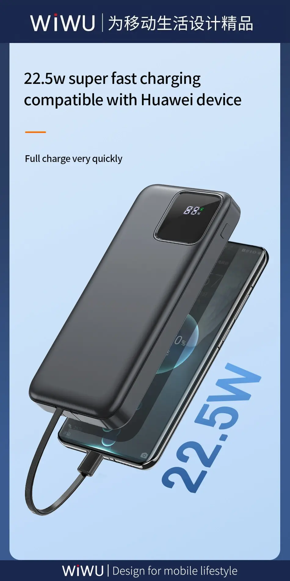 WiWU JC-18 10000mAh 22.5W LED Digital Display Power Bank with Built-in Lightning and Type-C Cable