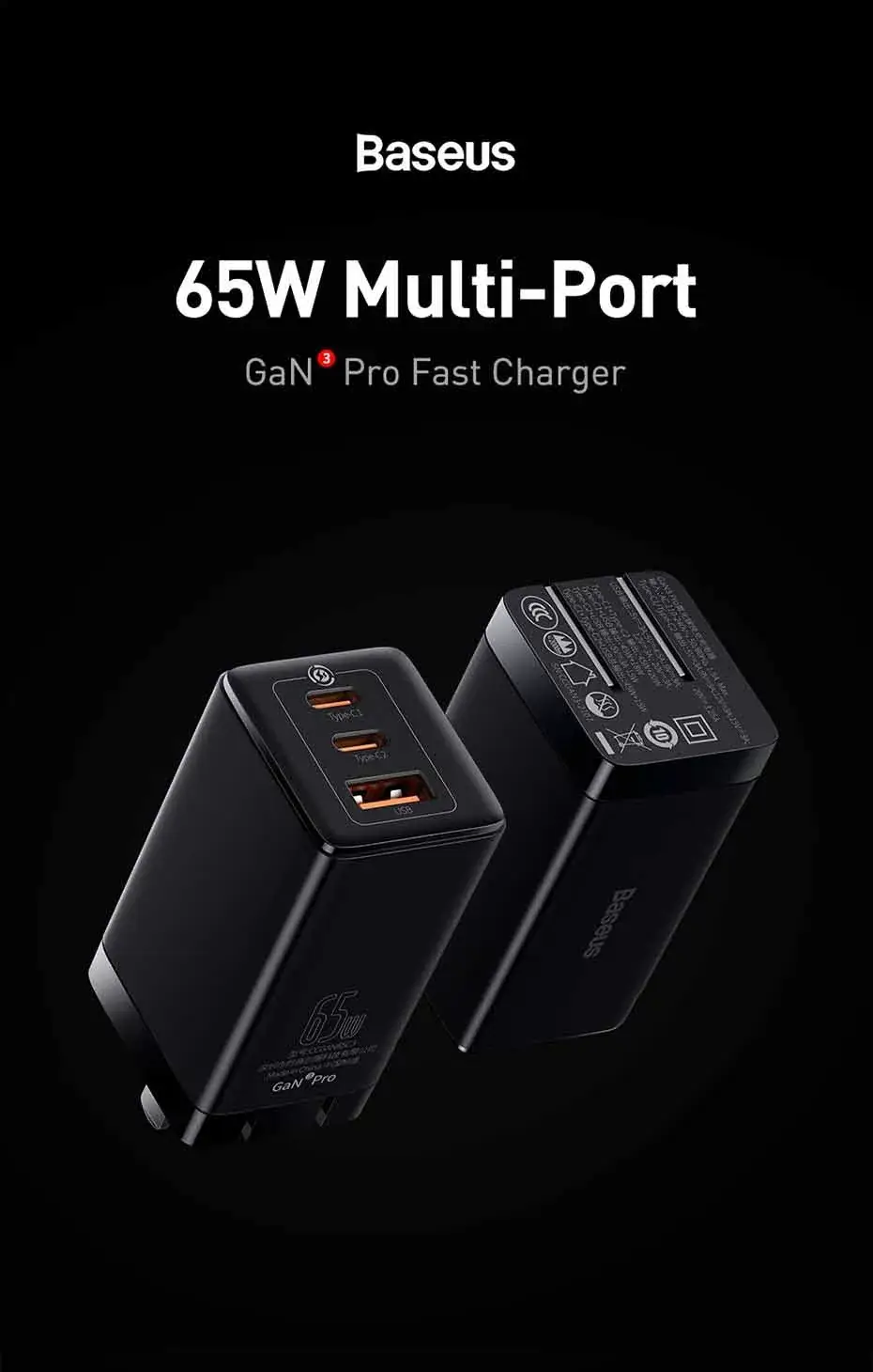 Baseus 65W GaN3 Pro Quick Charger 2C+U