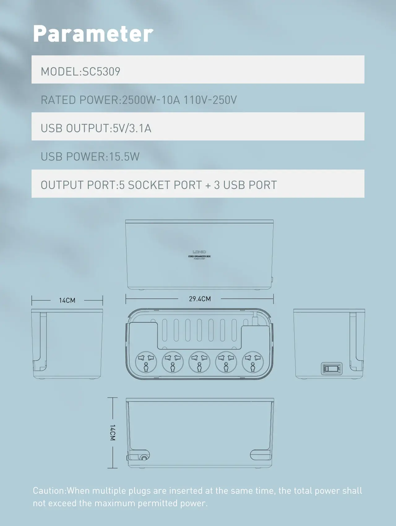 LDNIO SC5309 Power Strip Quick Charge Smart Home Power Universal Power Adapter With 5 Socket 3 USB Charging Port 2m Cable