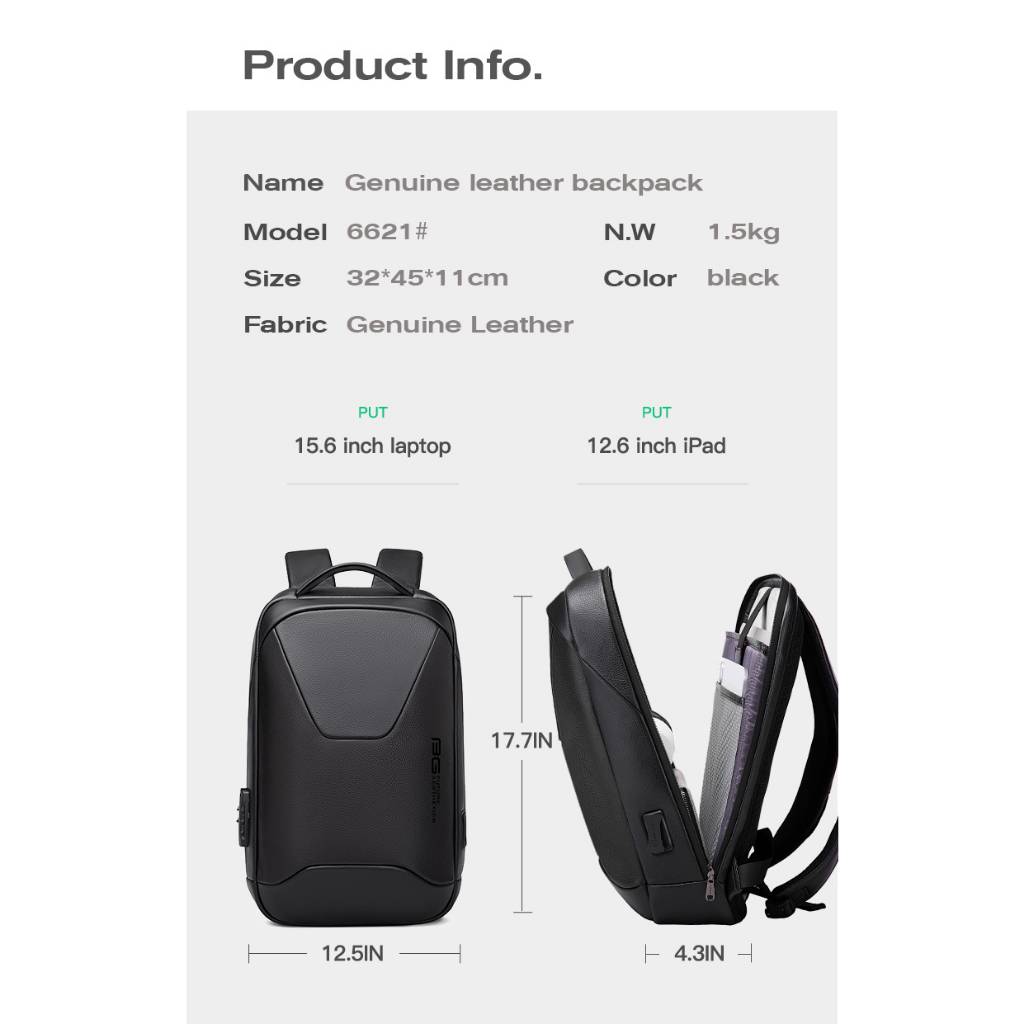 Bange BG6621 Sophisticated Style Meets Secure Tech  Genuine Leather Laptop Backpack (15.6")