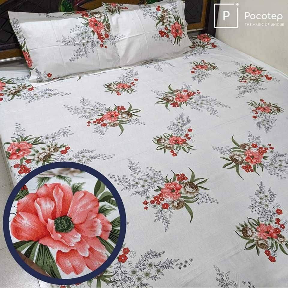 100% cotton bedsheet White flower  (৩ পিসের সেট)