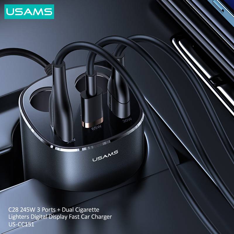 USAMS 245W 3 Ports + Dual Cigarette Lighters Digital Display Fast Car Charger