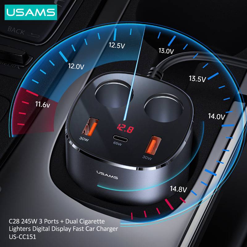 USAMS 245W 3 Ports + Dual Cigarette Lighters Digital Display Fast Car Charger