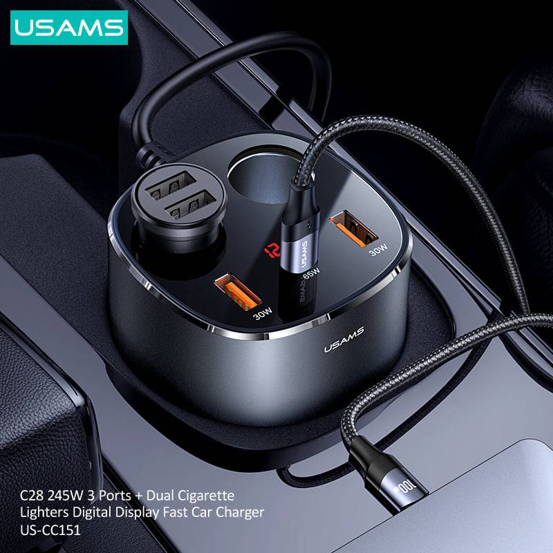 USAMS 245W 3 Ports + Dual Cigarette Lighters Digital Display Fast Car Charger