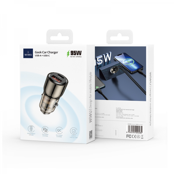 WIWU WI-QC012 95W PD+QC Kirsite Geek Fast Car Charger with USB and Type-C