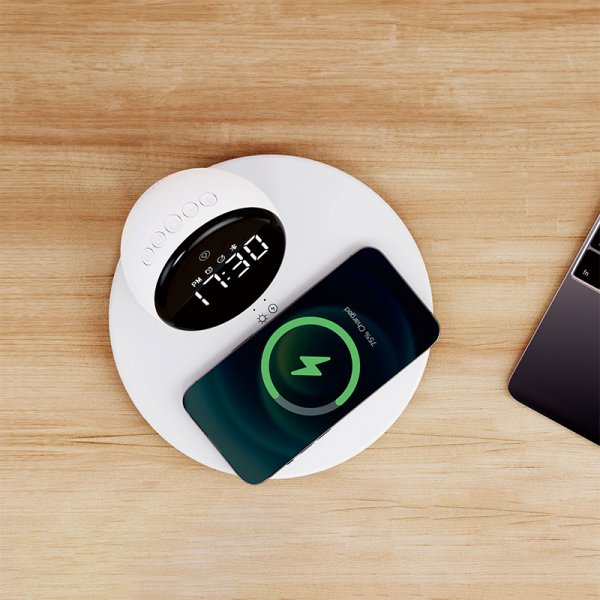 WiWu WI-W017 15W Wireless Charger with Digital Alarm Clock and Bluetooth Speaker